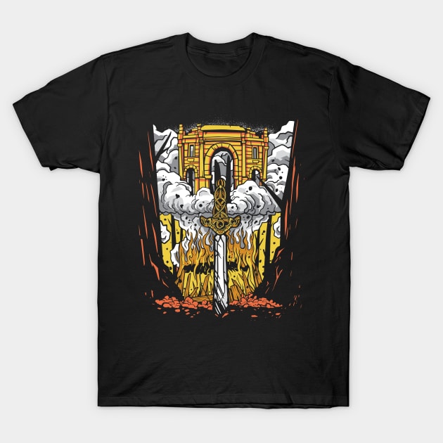 Sword War Castle Destruction Chaos Flames Mythology T-Shirt by OfCA Design
